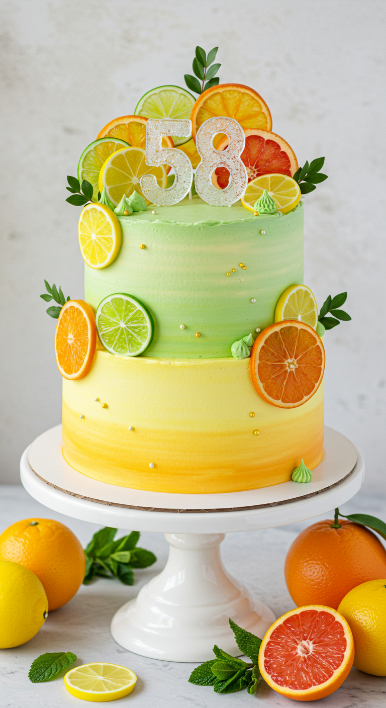 Zweistöckige Torte in Gelb-Grün-Ombré, dekoriert mit frischen Zitrusfrüchten und glitzernder 58.