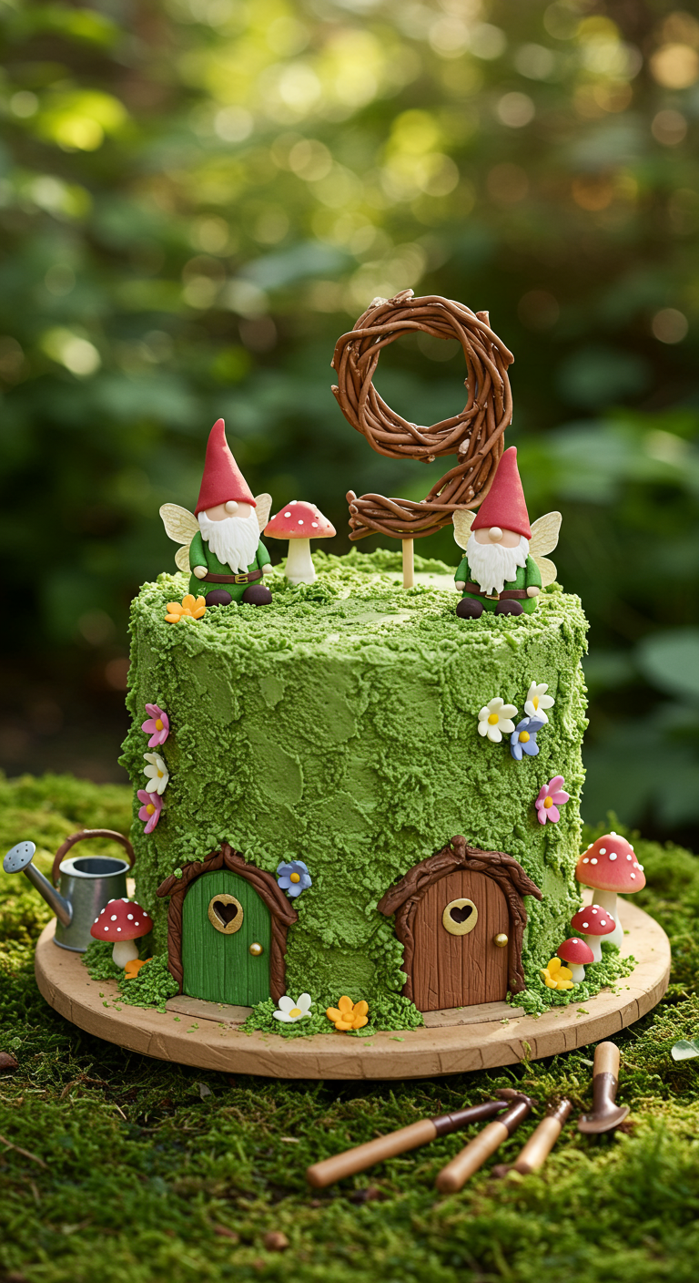 Grüne Moos-Torte mit Zwergenfiguren, Pilzen, Blümchen und kleinen Türen.