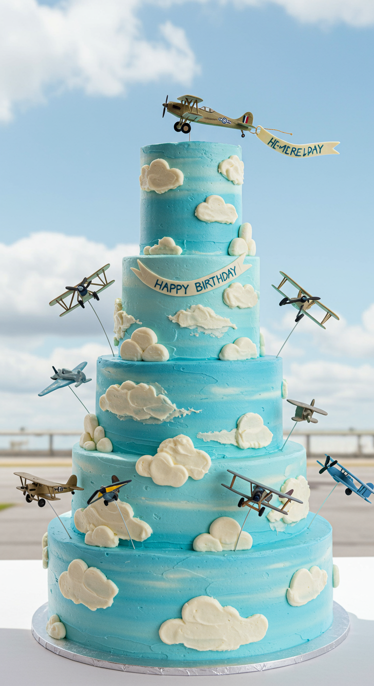 Himmelblaue mehrstöckige Torte mit Buttercreme-Wolken und kleinen Modellflugzeugen.