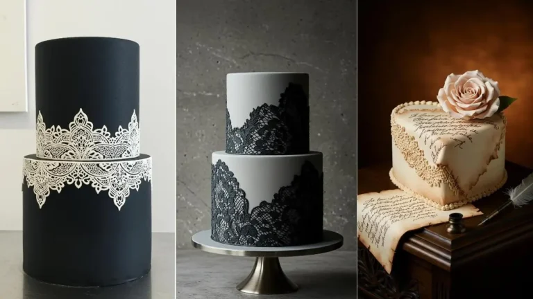 Elegante Hochzeitstorten mit zarten Royal Icing Bordüren und filigranen Spitzenmustern.