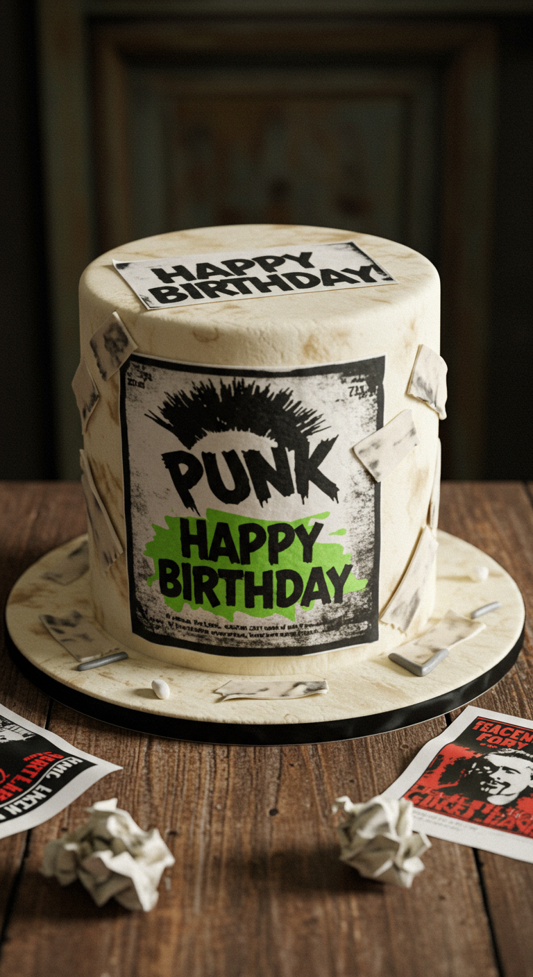 Runde Torte, die mit zerrissenen Punk-Postern und