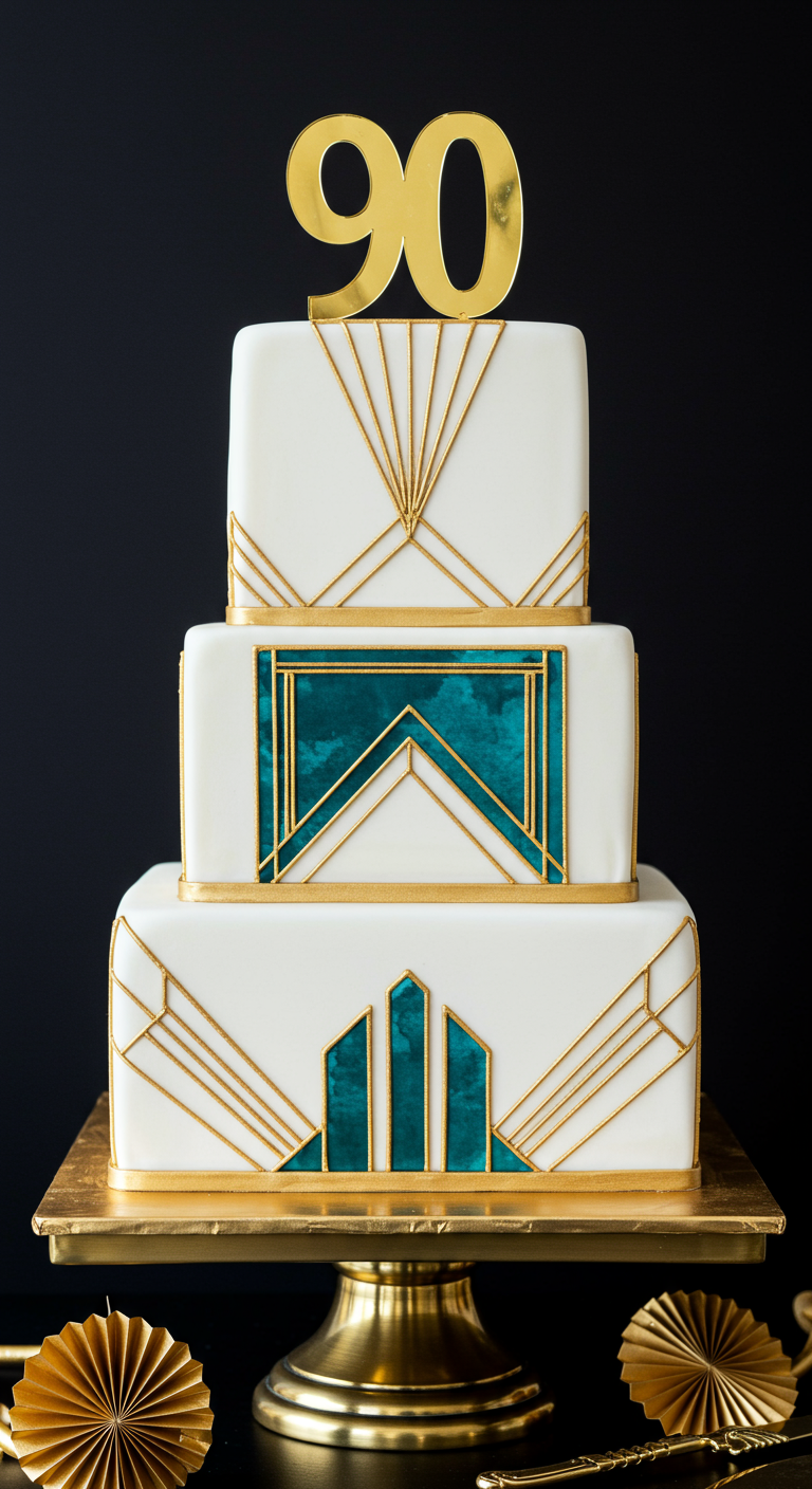 Dreistöckige quadratische Torte im Art-Déco-Stil mit weißen, goldenen und smaragdgrünen Elementen.
