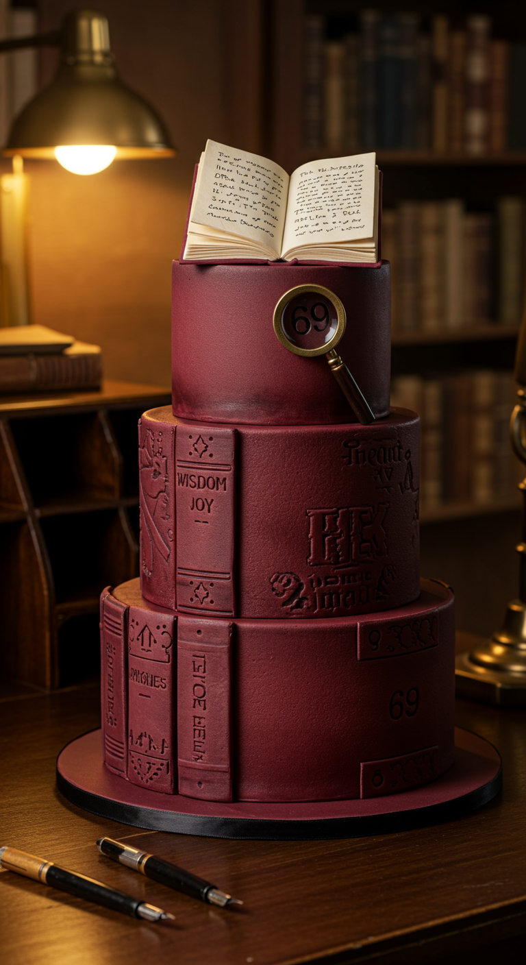 Mehrstöckige Torte in Form von Büchern in Bordeauxrot mit goldenen Details, Zahl 69.