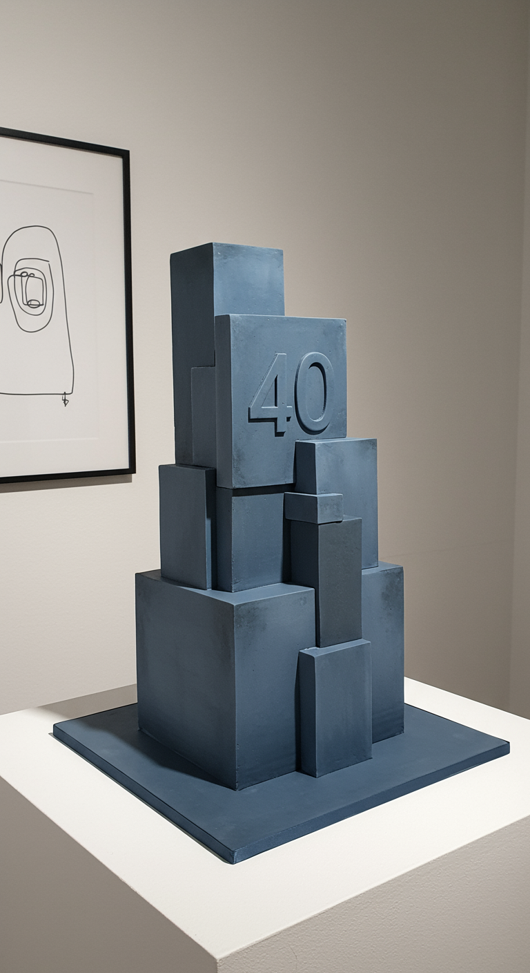 Moderne Torte aus unregelmäßig gestapelten blau-grauen Blöcken mit der eingeprägten Zahl „40“.