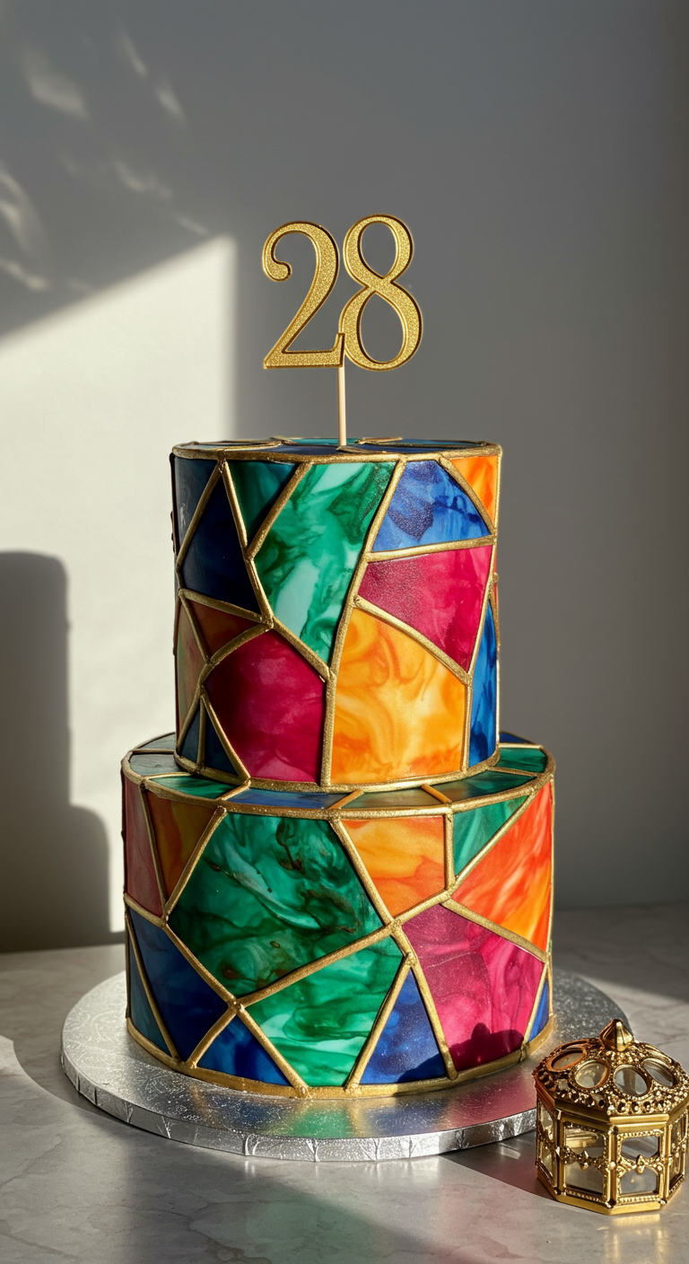 Zweistöckige Torte mit bunten geometrischen Feldern, die an Buntglas erinnern, umrahmt von Goldlinien.
