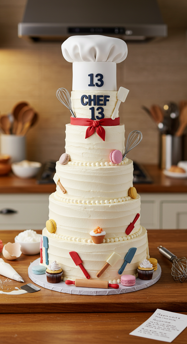 Mehrstöckige weiße Torte mit Kochmütze, Mini-Küchenutensilien und Macarons.