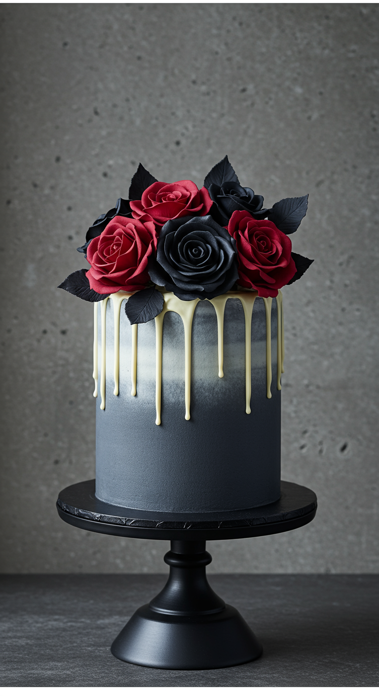 Graue Drip-Torte mit einem Bouquet aus schwarzen und tiefroten Rosen auf einem schwarzen Tortenständer.