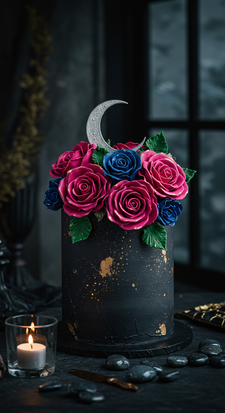 Hohe schwarze Torte mit Goldsprenkeln, pinken und blauen Rosen, silberner Mond-Topper.