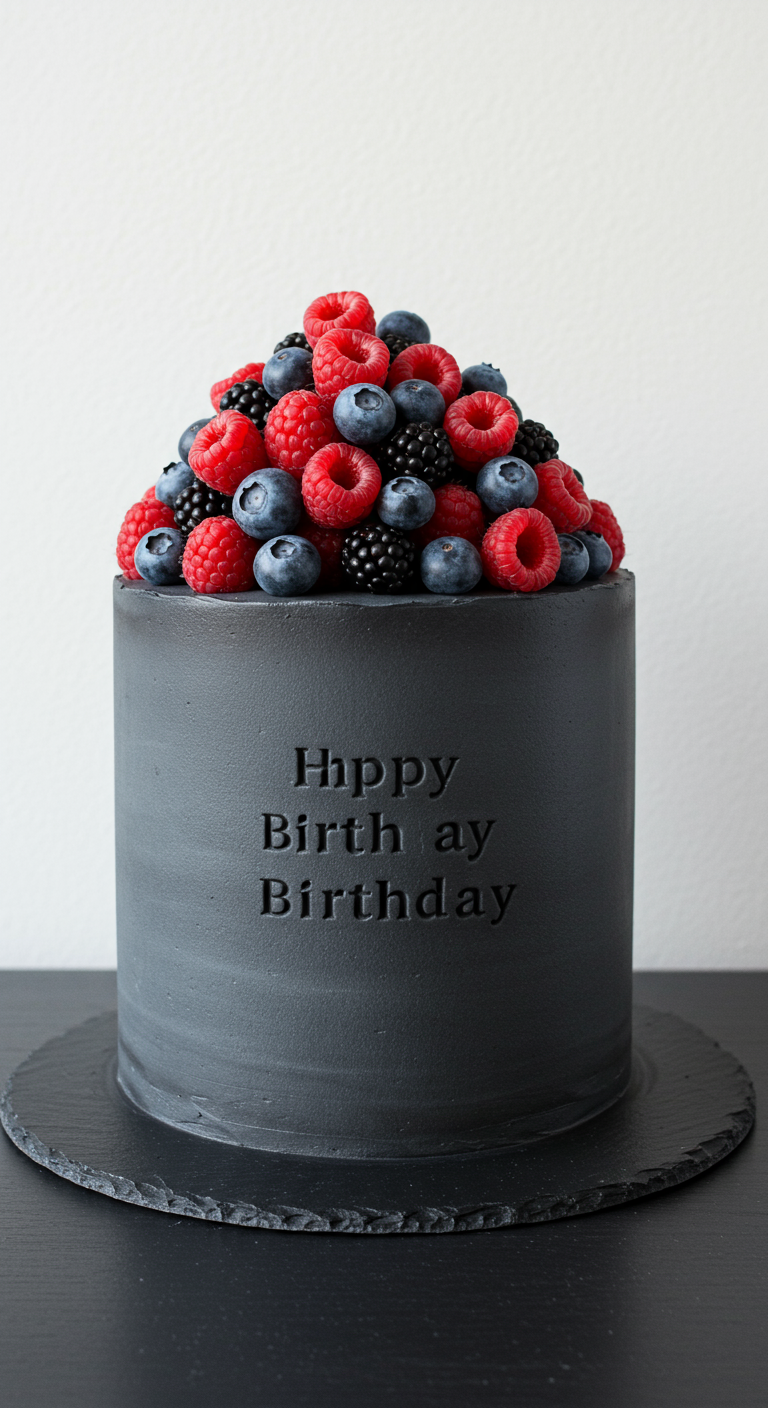 Dunkelgraue Torte mit eingeprägtem Schriftzug und frischen Beeren.