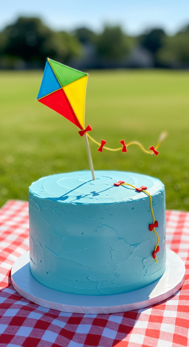 Hellblaue Torte mit einem bunten Drachen-Topper und Drachenschnur.