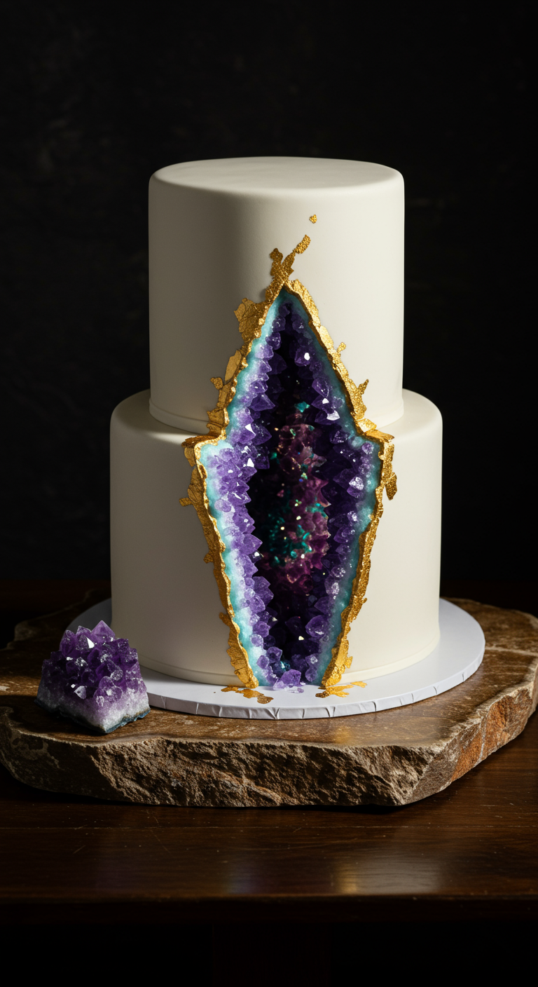 Weiße zweistöckige Torte mit aufbrechender Amethyst-Geode.
