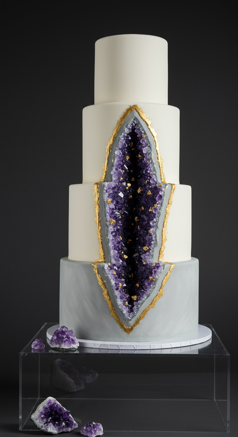Mehrstöckige Torte mit einer lila Amethyst-Geode und Goldrändern.