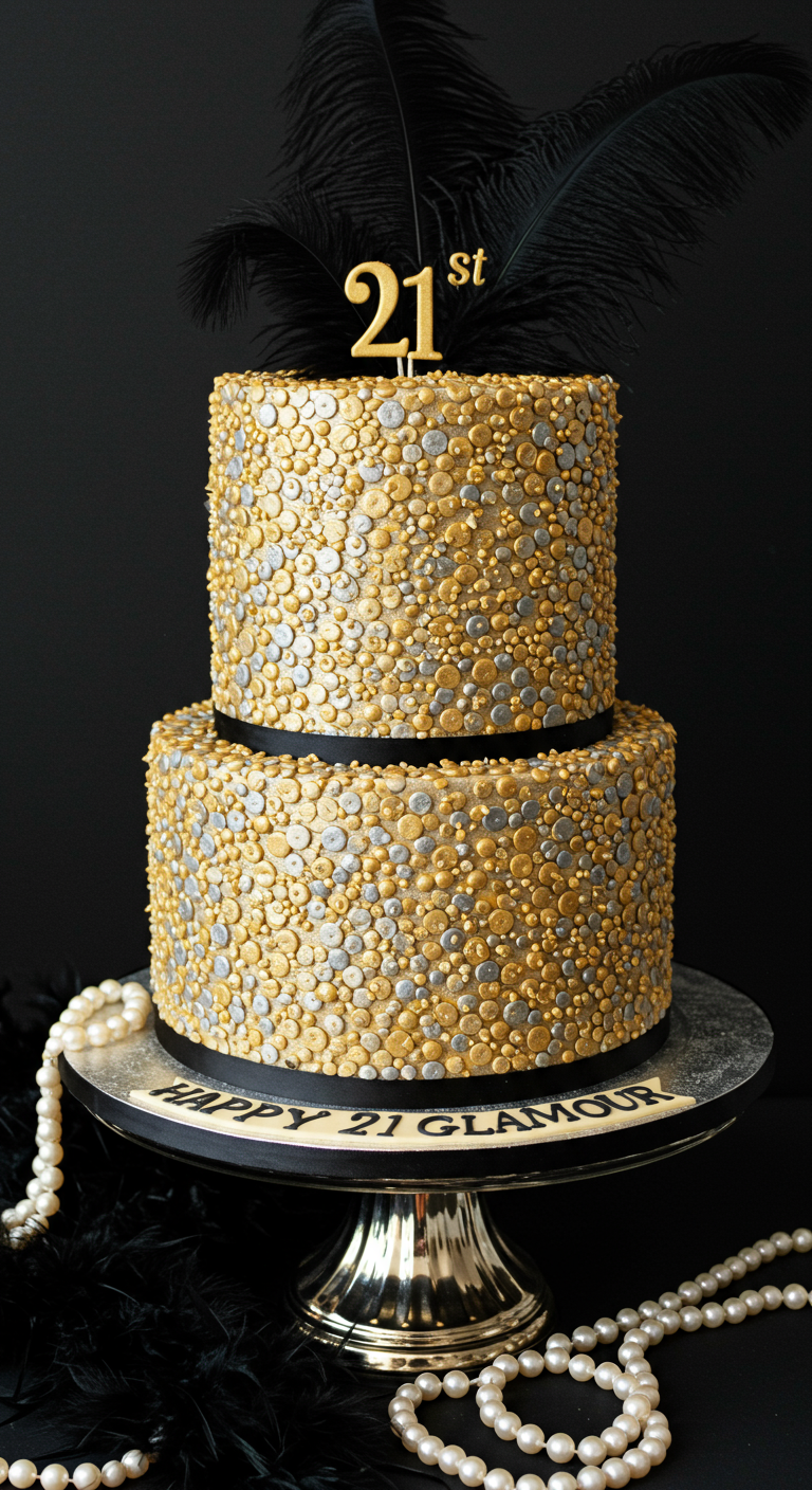 Zweistöckige Torte, über und über mit goldenen und silbernen Perlen bedeckt.