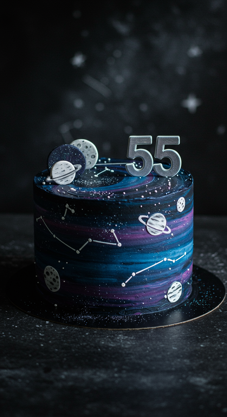 Dunkle Torte mit Galaxy-Effekt, Planeten und Sternbildern.
