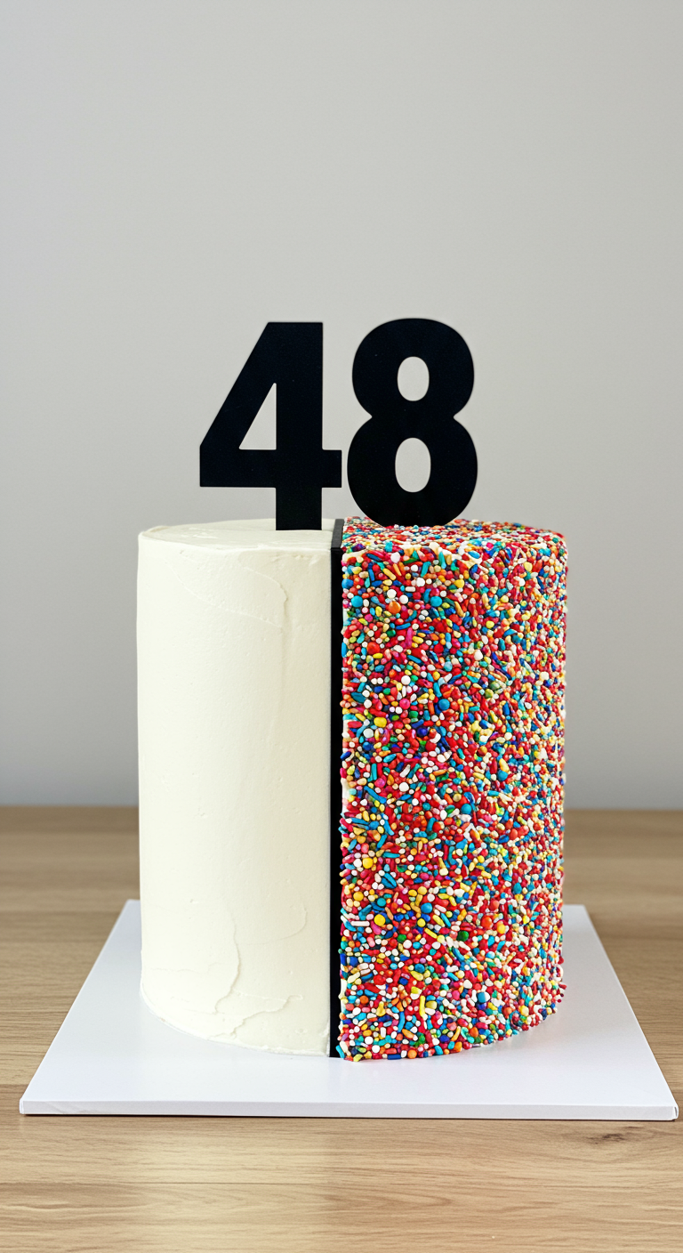 Runde Torte, halb weiß, halb mit bunten Streuseln bedeckt, mit schwarzem 48-Topper.