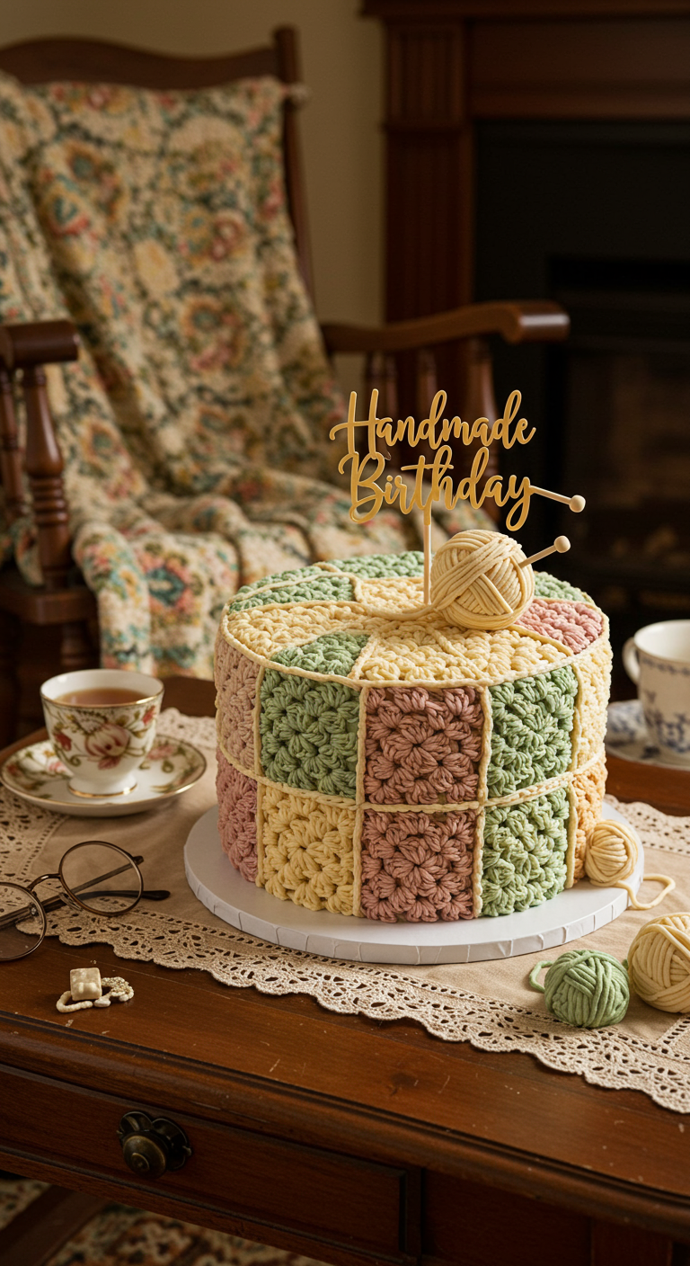 Torte dekoriert wie eine gehäkelte Decke aus bunten Quadraten, mit Wollknäuel-Topper.