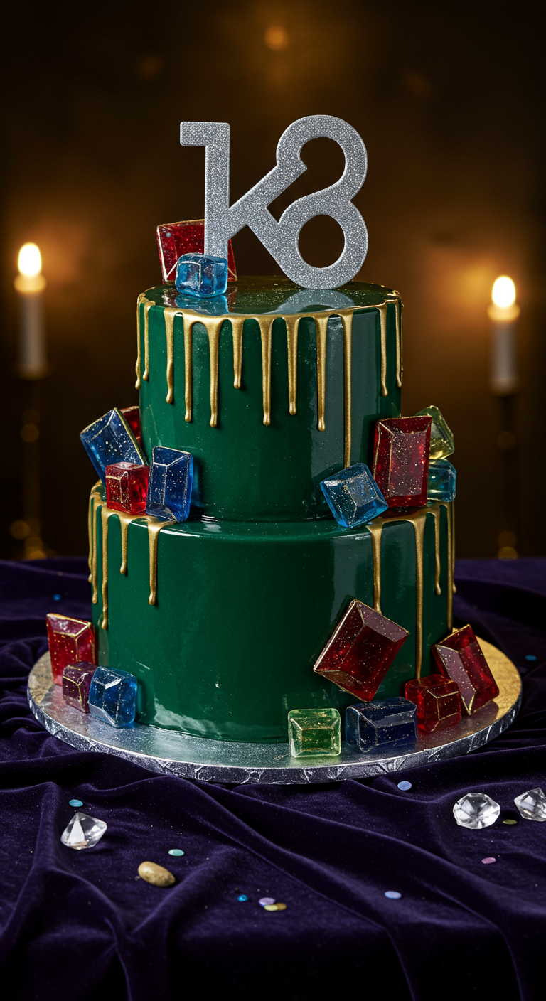 Dunkelgrüne zweistöckige Y2K-Torte mit Gold-Drip, bunten Zucker-Edelsteinen und „18“-Topper.