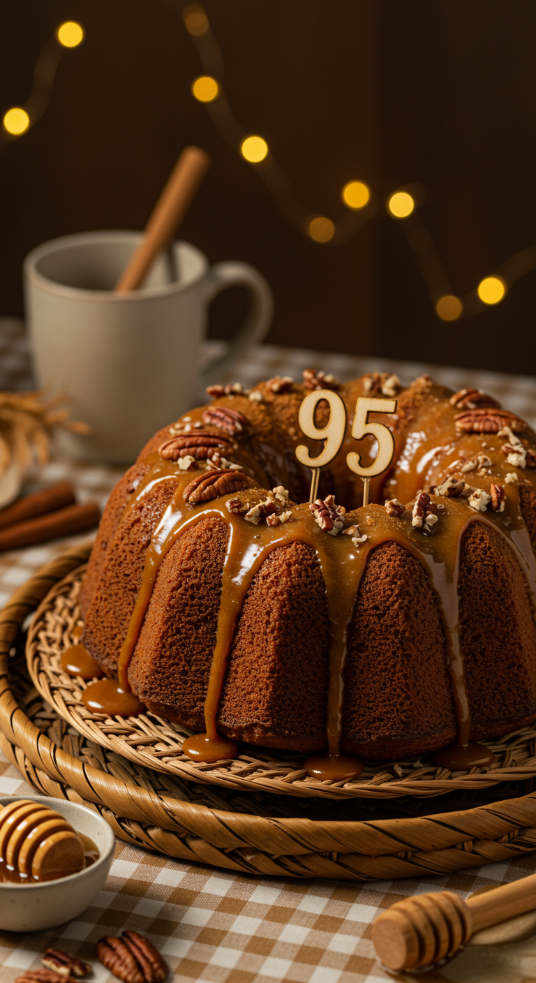 Gugelhupf mit Karamellglasur, Pekannüssen und hölzernem „95“-Topper.