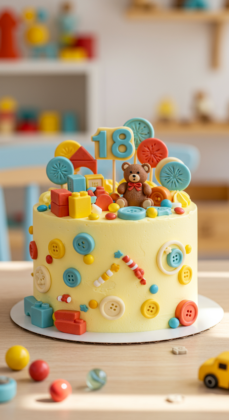 Gelbe Torte dekoriert mit bunten Knöpfen, Bauklötzen und einem Teddybär.