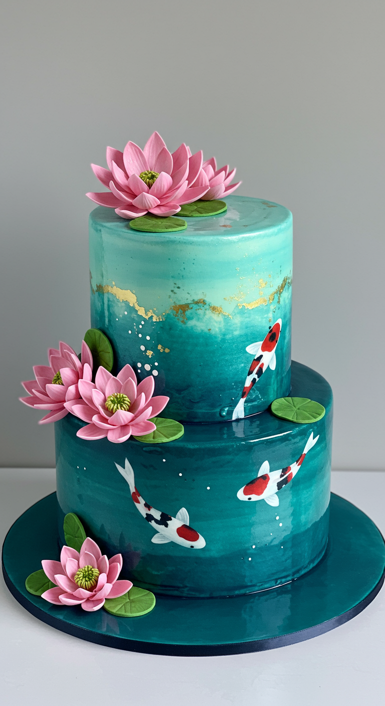 Zweistöckige Torte in tiefen Blau- und Grüntönen mit Koi-Karpfen und rosa Seerosen aus Zucker.