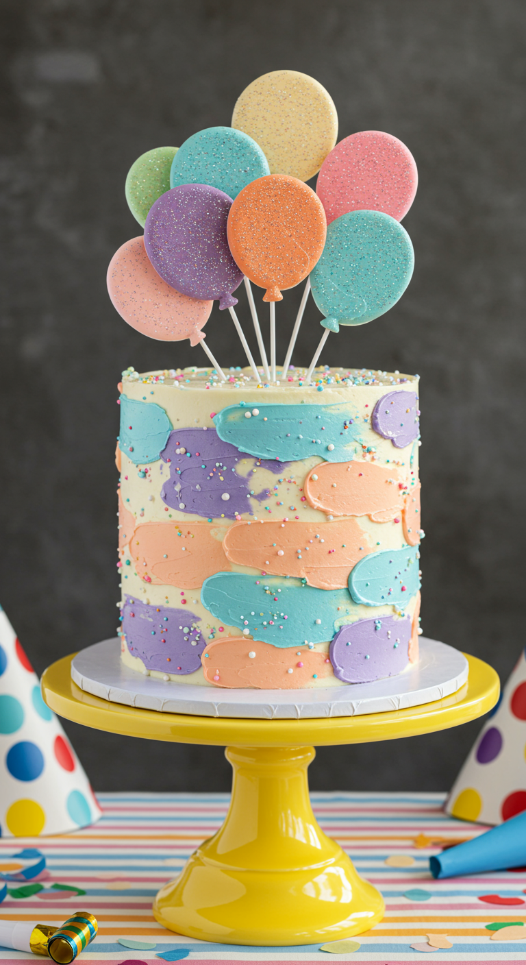 Torte mit bunten Farbklecksen, Streuseln und Ballon-Toppern.