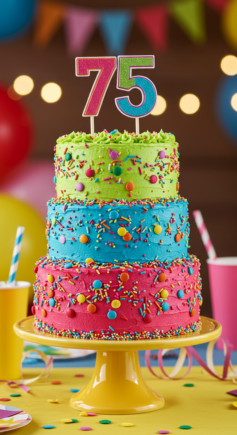 Dreistöckige Torte in knalligen Farben mit bunten Streuseln und großem 75-Topper.