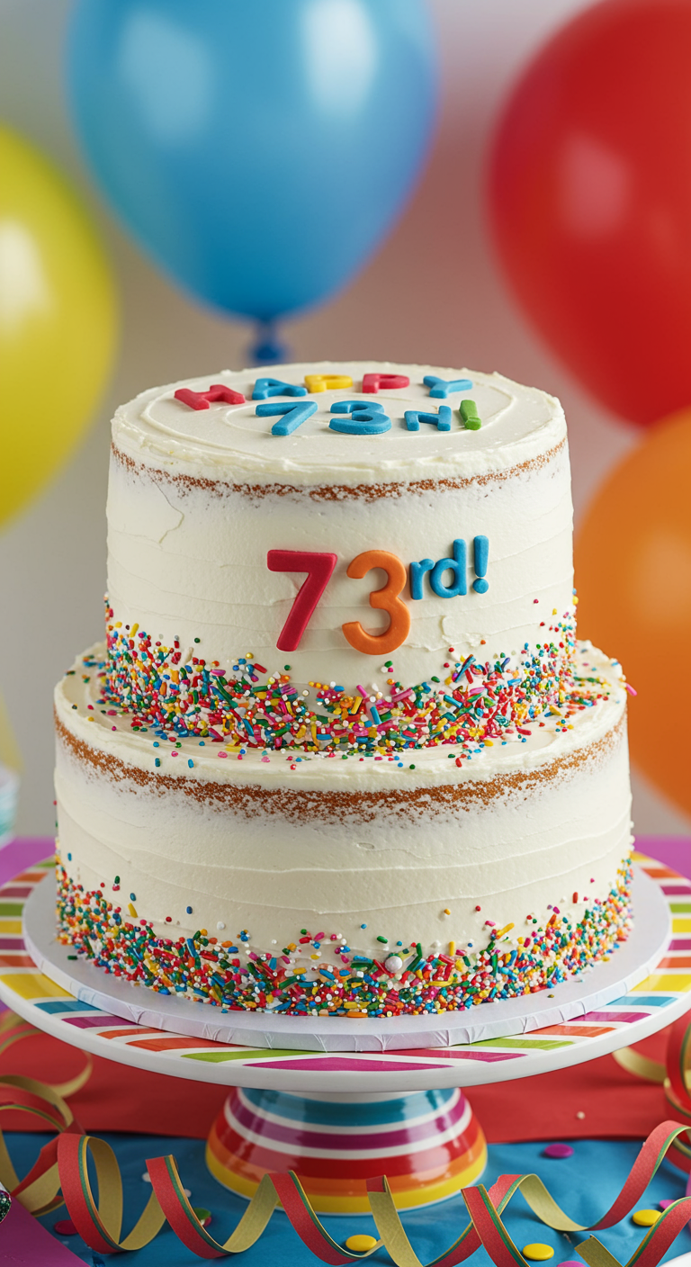 Zweistöckige weiße Torte mit bunten Streuseln und Schrift