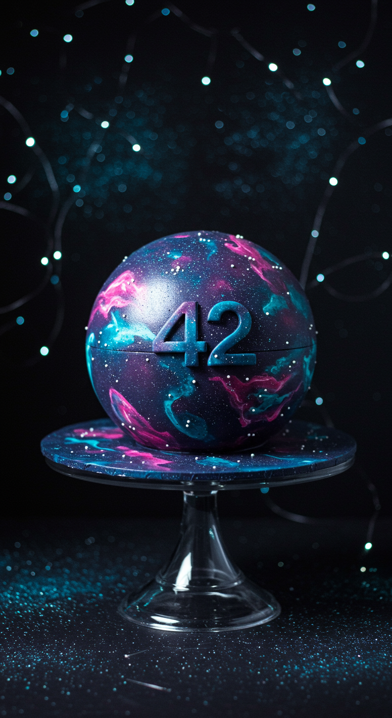 Kugelförmige Torte mit Galaxy-Muster in Pink, Blau, Türkis und der Zahl 42.