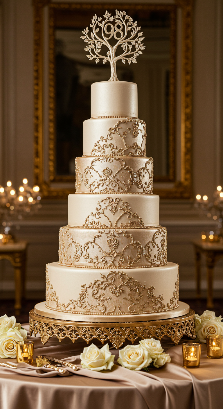 Fünfstöckige champagnerfarbene Torte mit Gold-Ornamenten und Lebensbaum-Topper.