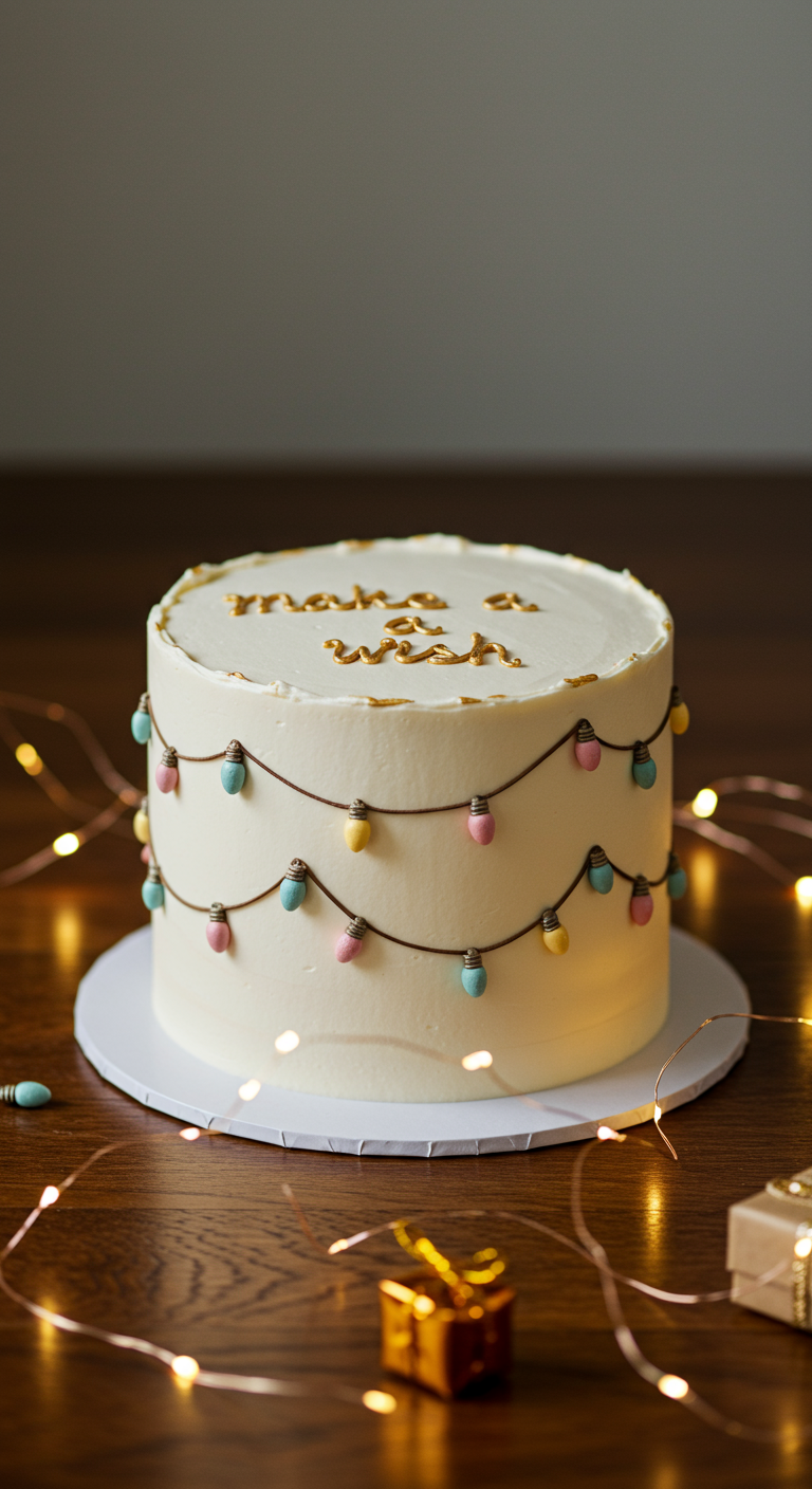 Weiße Buttercreme-Torte mit aufgespritzter Lichterkette und 'make a wish'-Schrift.