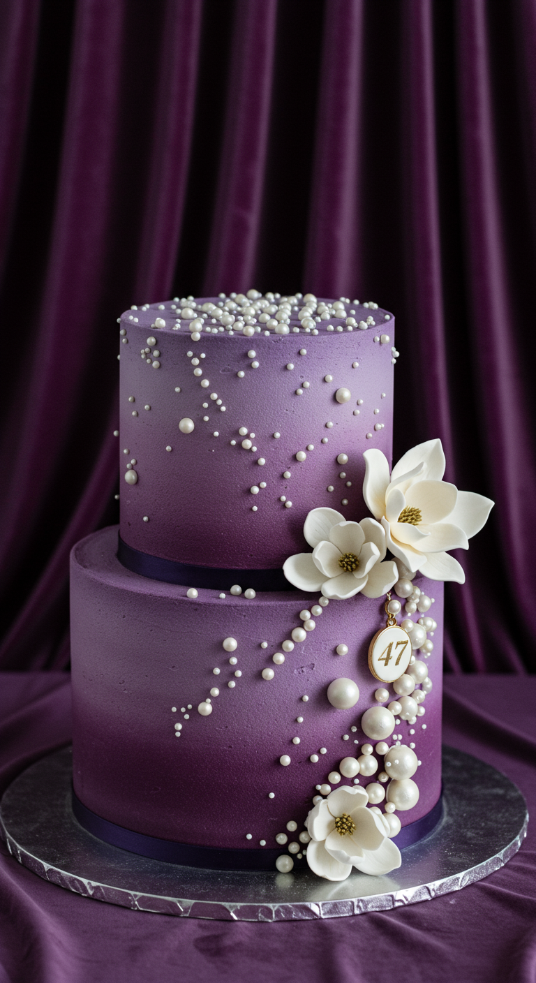 Zweistöckige lila Ombré-Torte mit Zuckerperlen und weißen Magnolienblüten.