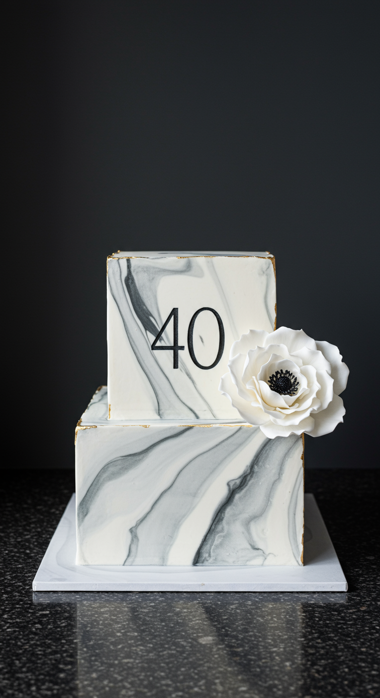 Zweistöckige quadratische Marmortorte mit weißer Blume und Zahl 40.