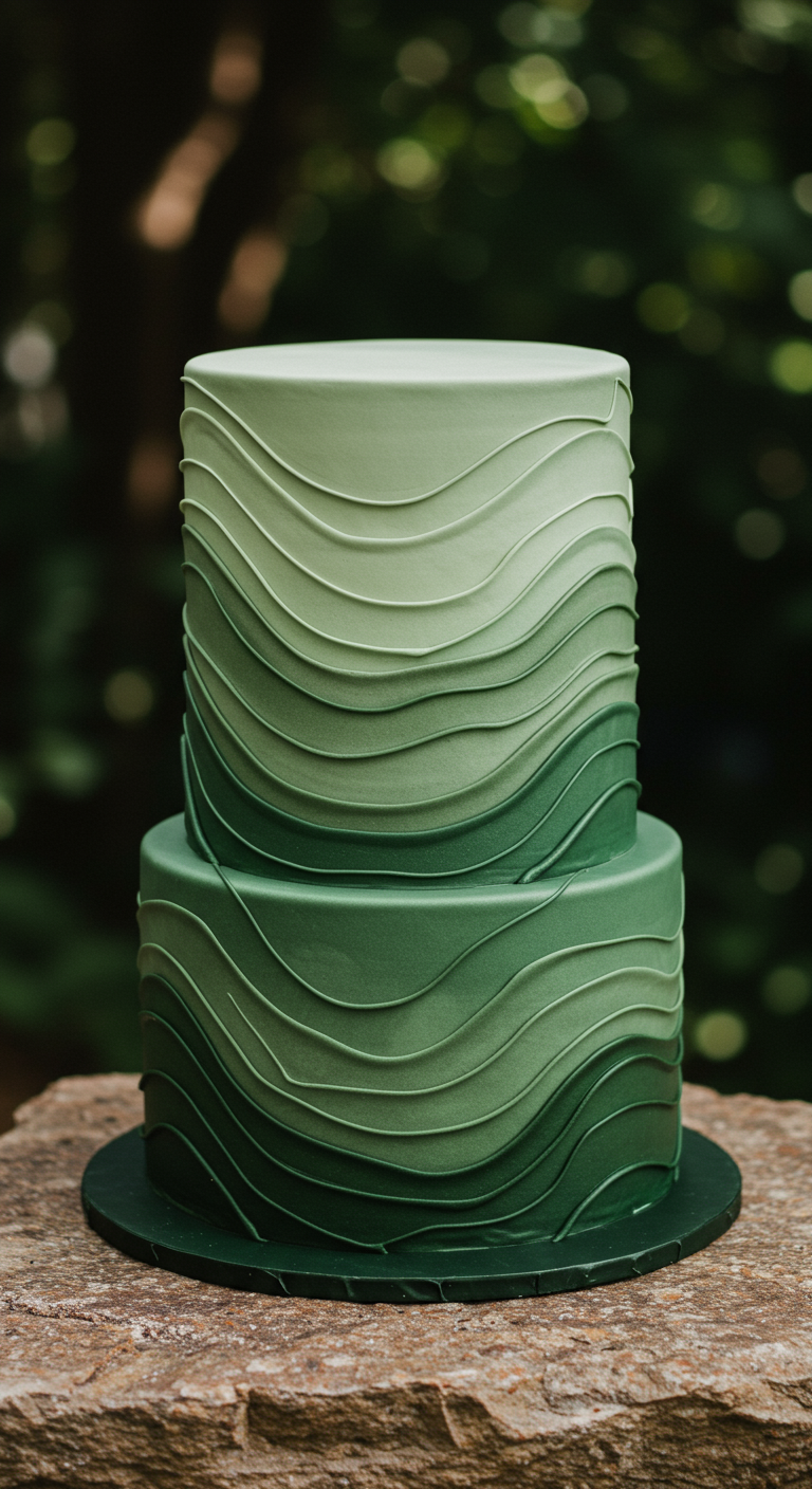 Zweistöckige Torte mit grünem Ombré-Farbverlauf und wellenförmigen Linien.