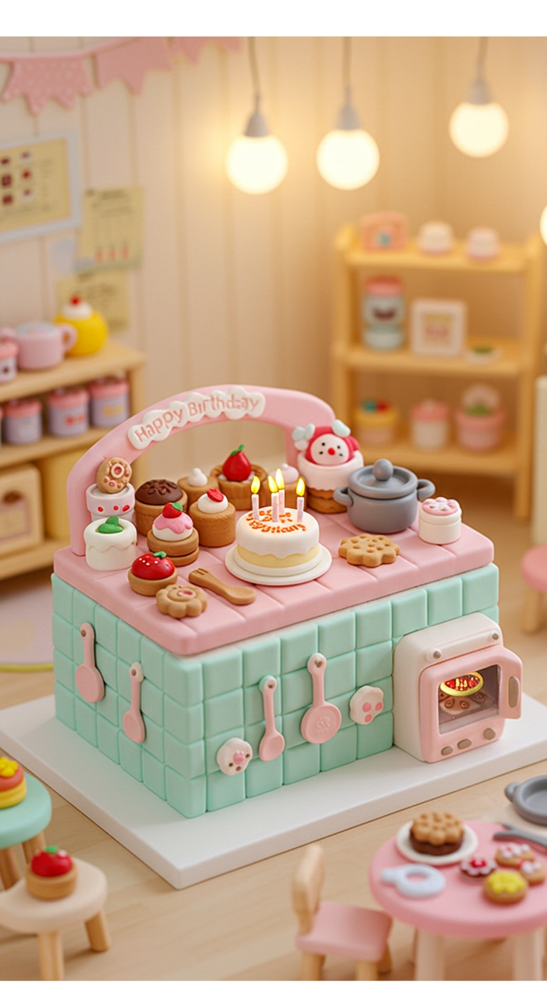 Detailreiche Spielküchen-Torte in Rosa und Mintgrün mit Mini-Backwaren.