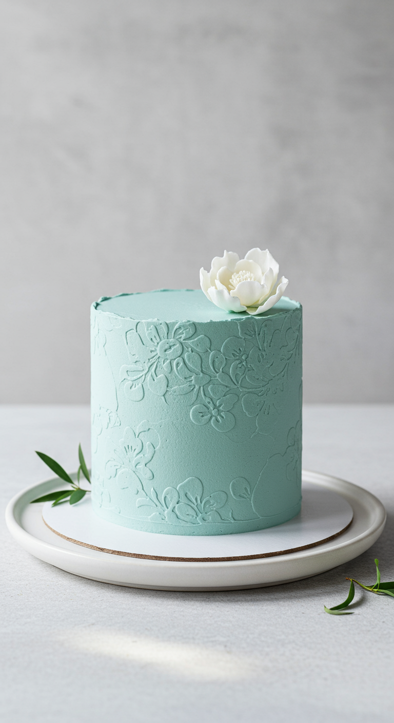 Mintgrüne Torte mit floralem Prägemuster und einer einzelnen weißen Zuckerblume.