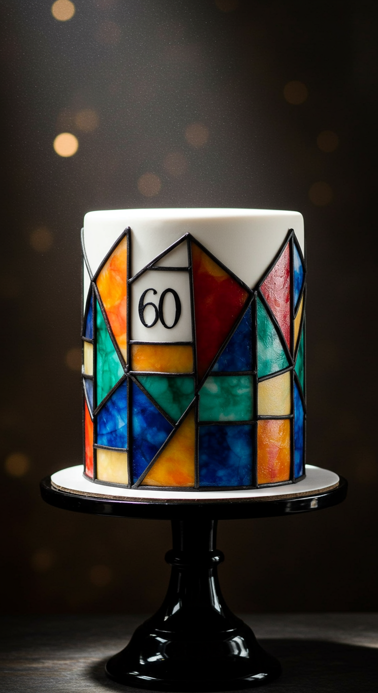 Weiße Torte mit buntem Mosaikmuster, das an Buntglasfenster erinnert.