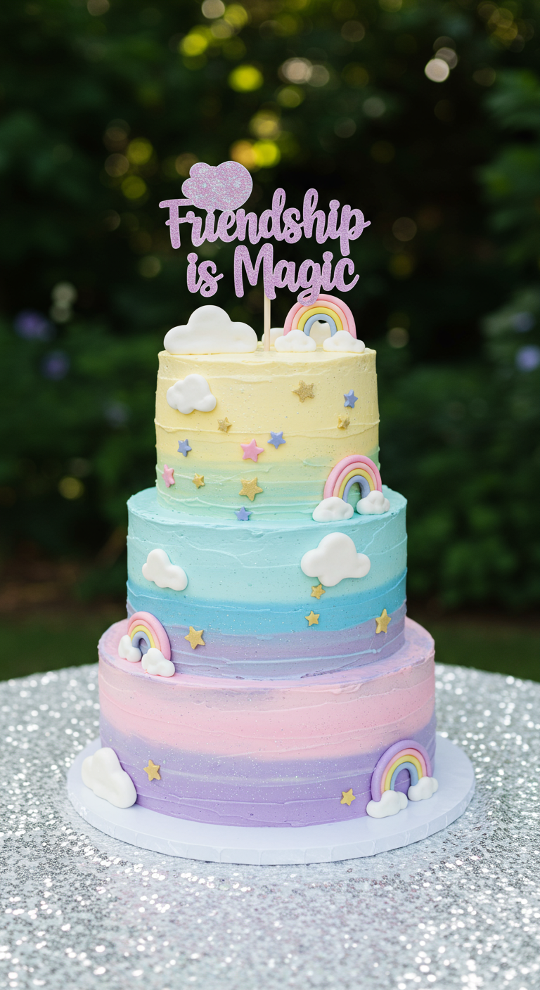 Dreistöckige My Little Pony Torte in Pastell-Regenbogenfarben.