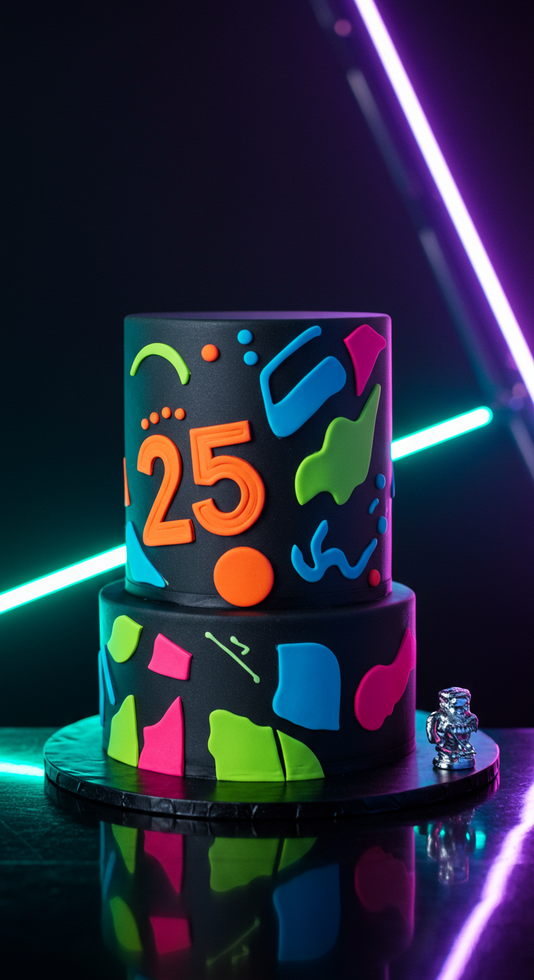 Zweistöckige schwarze Torte mit bunten Neon-Formen und einer orangen