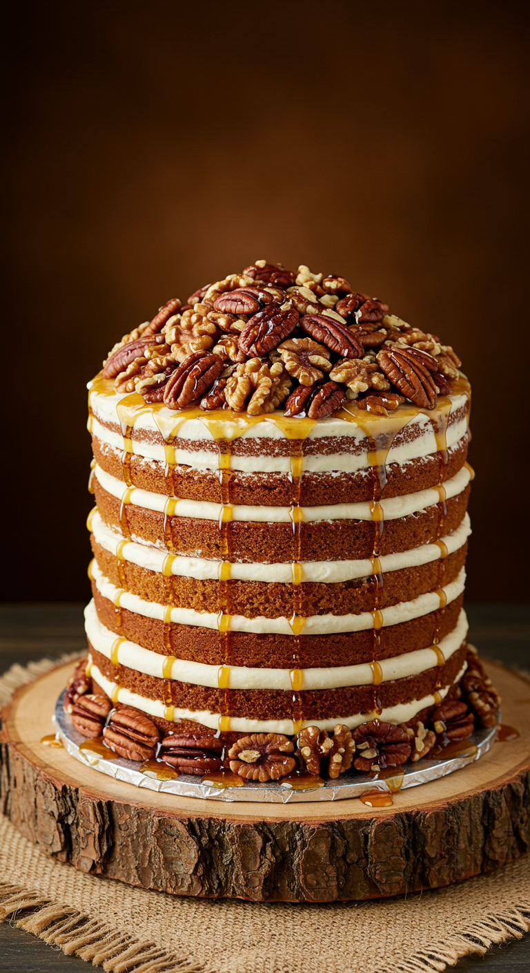 Hoher Naked Cake mit vielen Nüssen und Karamell-Drip.