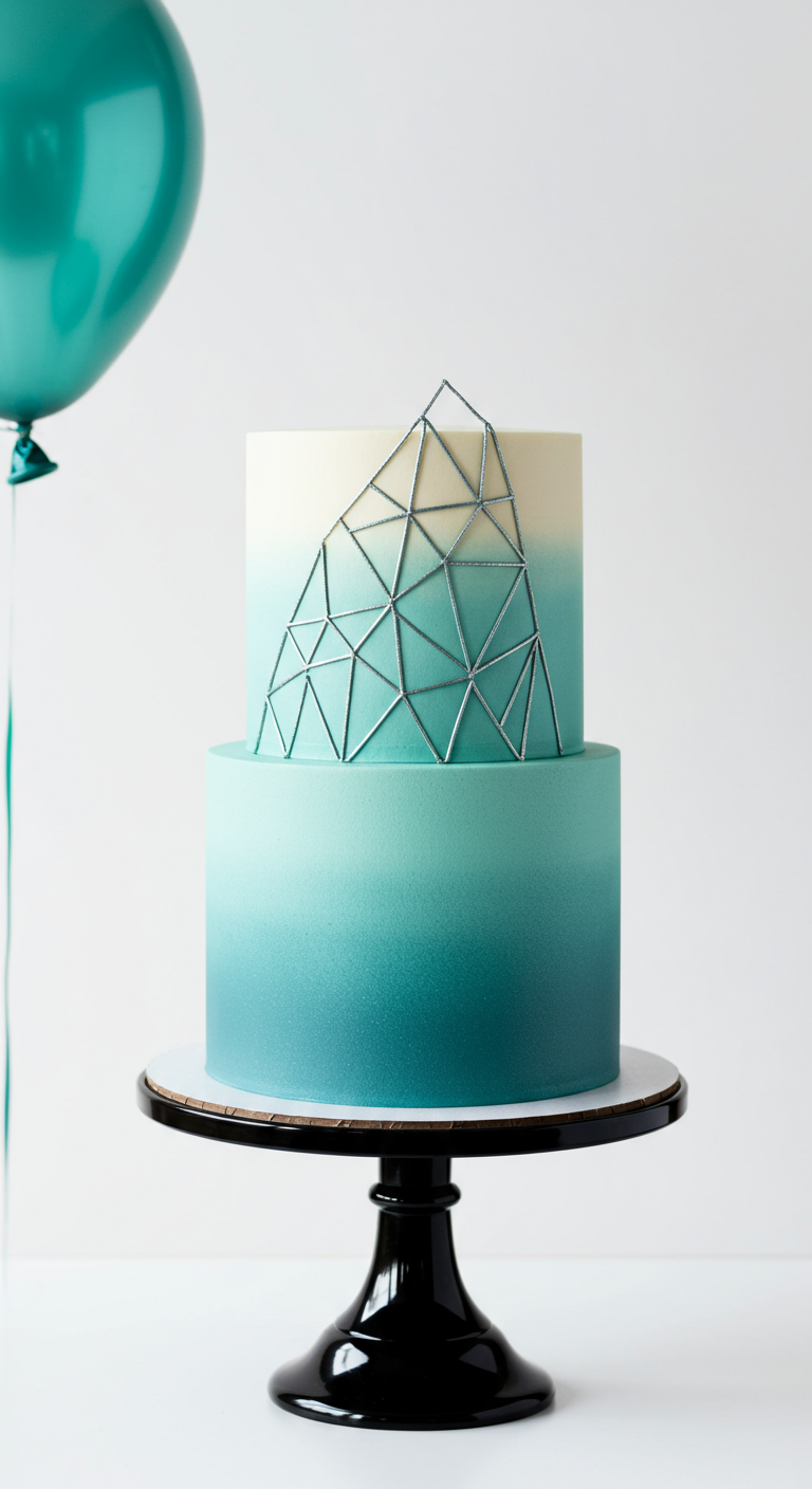 Zweistöckige petrolfarbene Ombré-Torte mit geometrischem Silber-Topper.