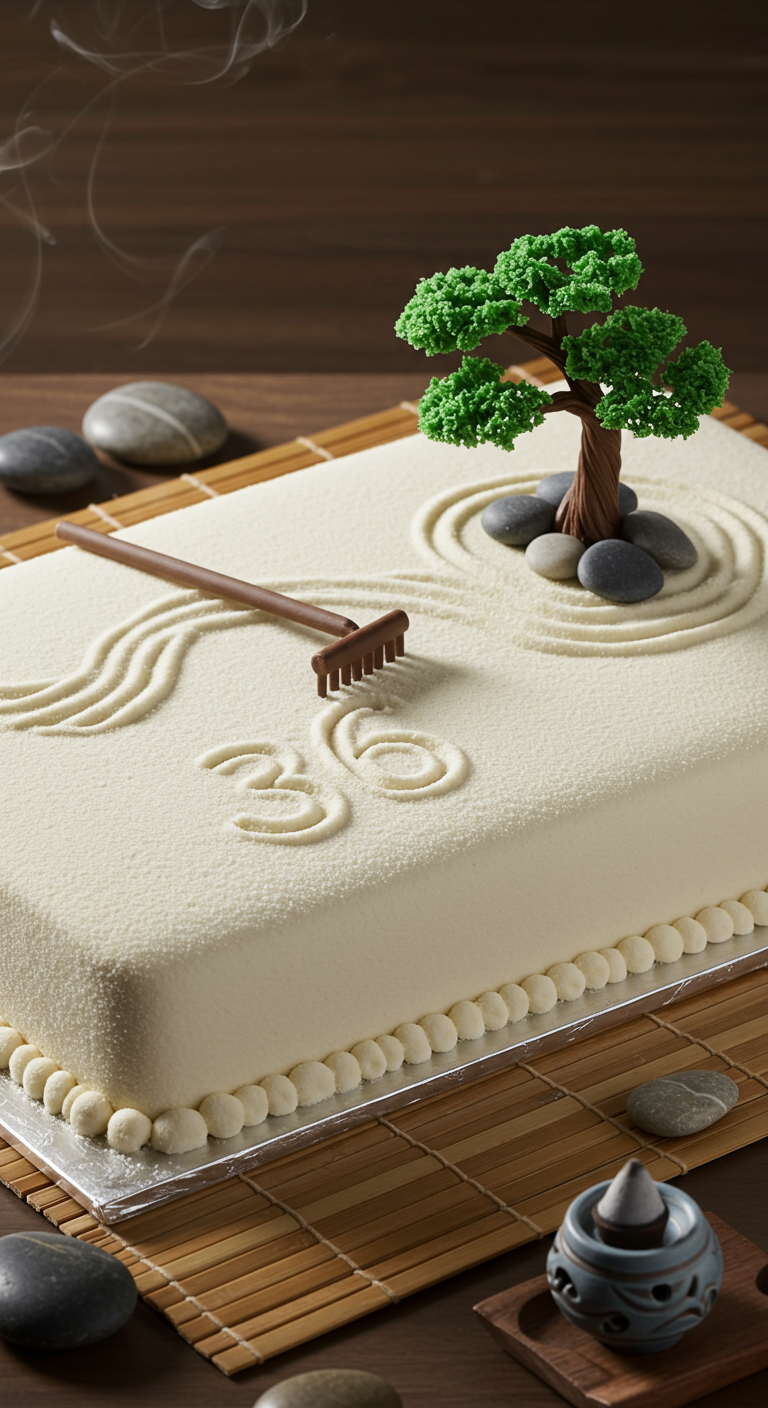 Rechteckige weiße Torte gestaltet als Zen-Garten mit Sand, Steinen und Bonsai.