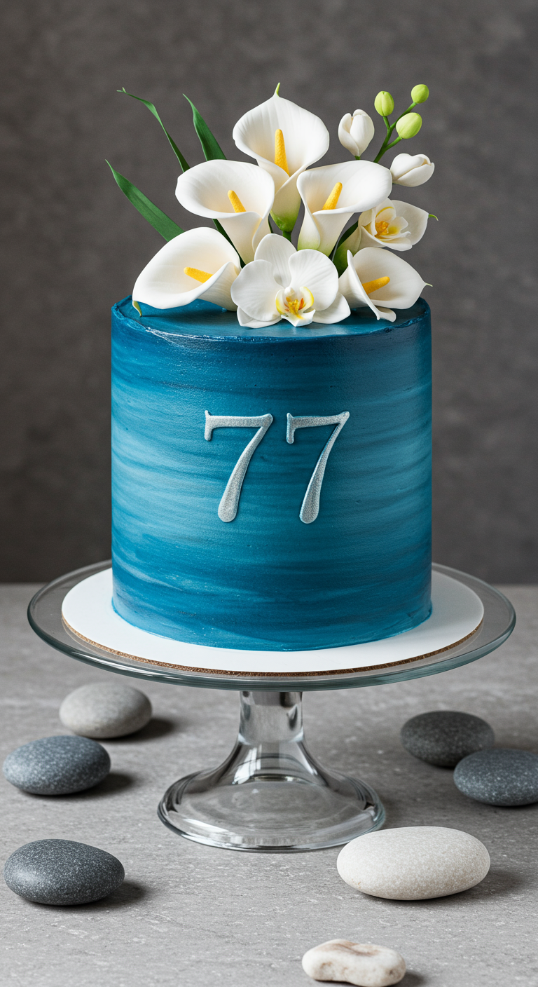 Einstöckige, zylindrische Torte mit blauem Farbverlauf und weißen Zucker-Callas.
