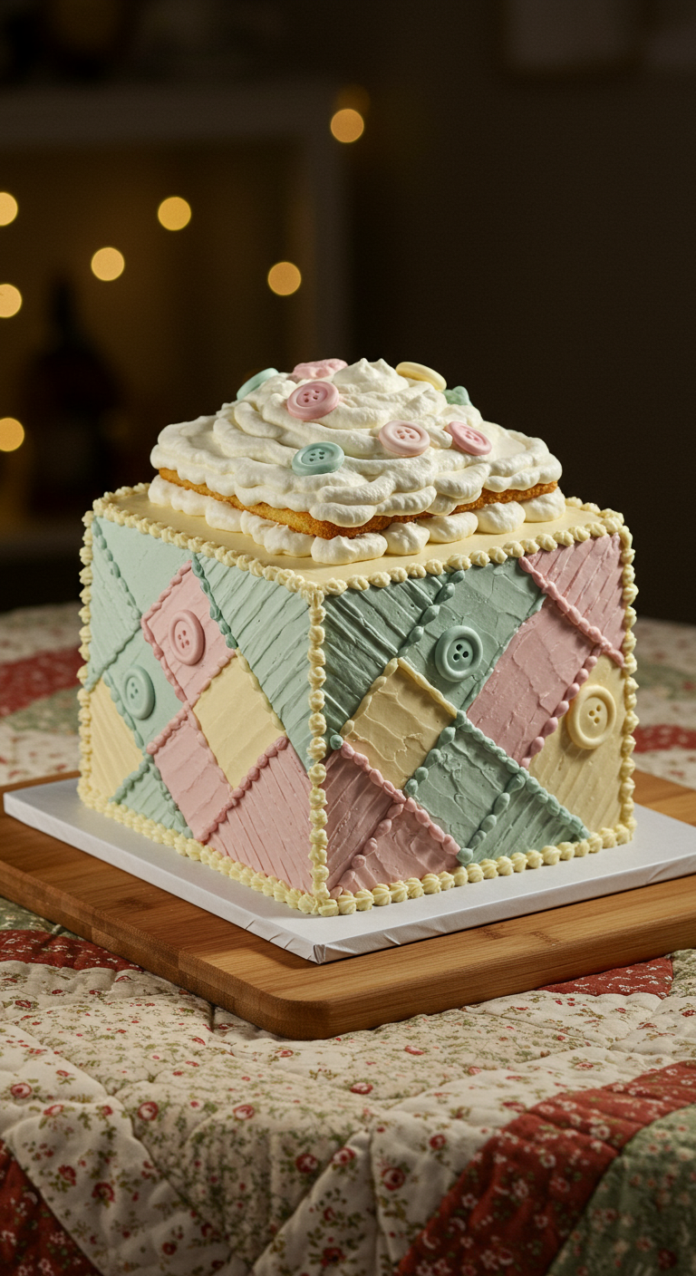 Quadratische Torte im Patchwork-Design mit bunten Knöpfen.