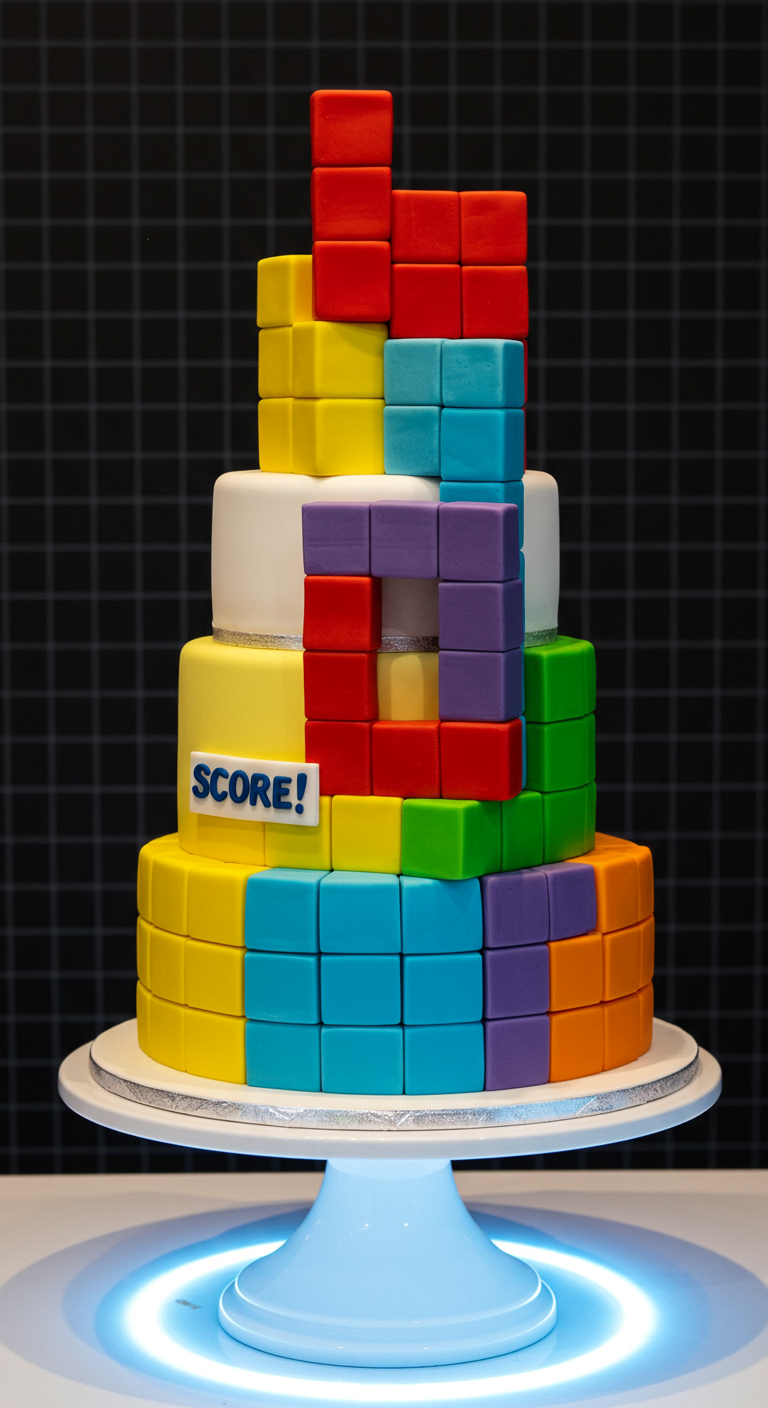 Bunte mehrstöckige Tetris-Torte mit fallenden Blöcken und 'SCORE!' Schild auf leuchtendem Ständer