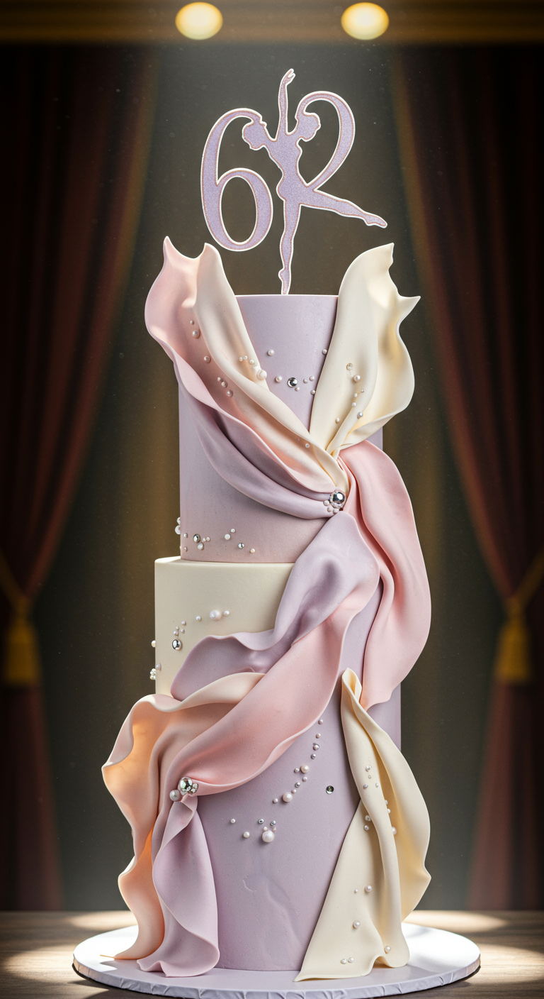 Elegante Torte in Lila- und Cremetönen mit drapierten Stoffen und Ballerina-Topper.