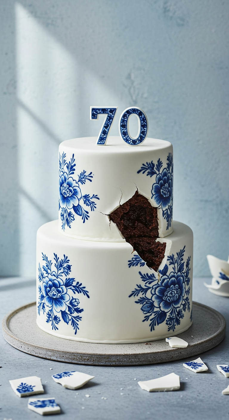 Zweistöckige weiße Torte mit blauem Delfter Blumenmuster und einem Riss, der Schokokuchen zeigt.