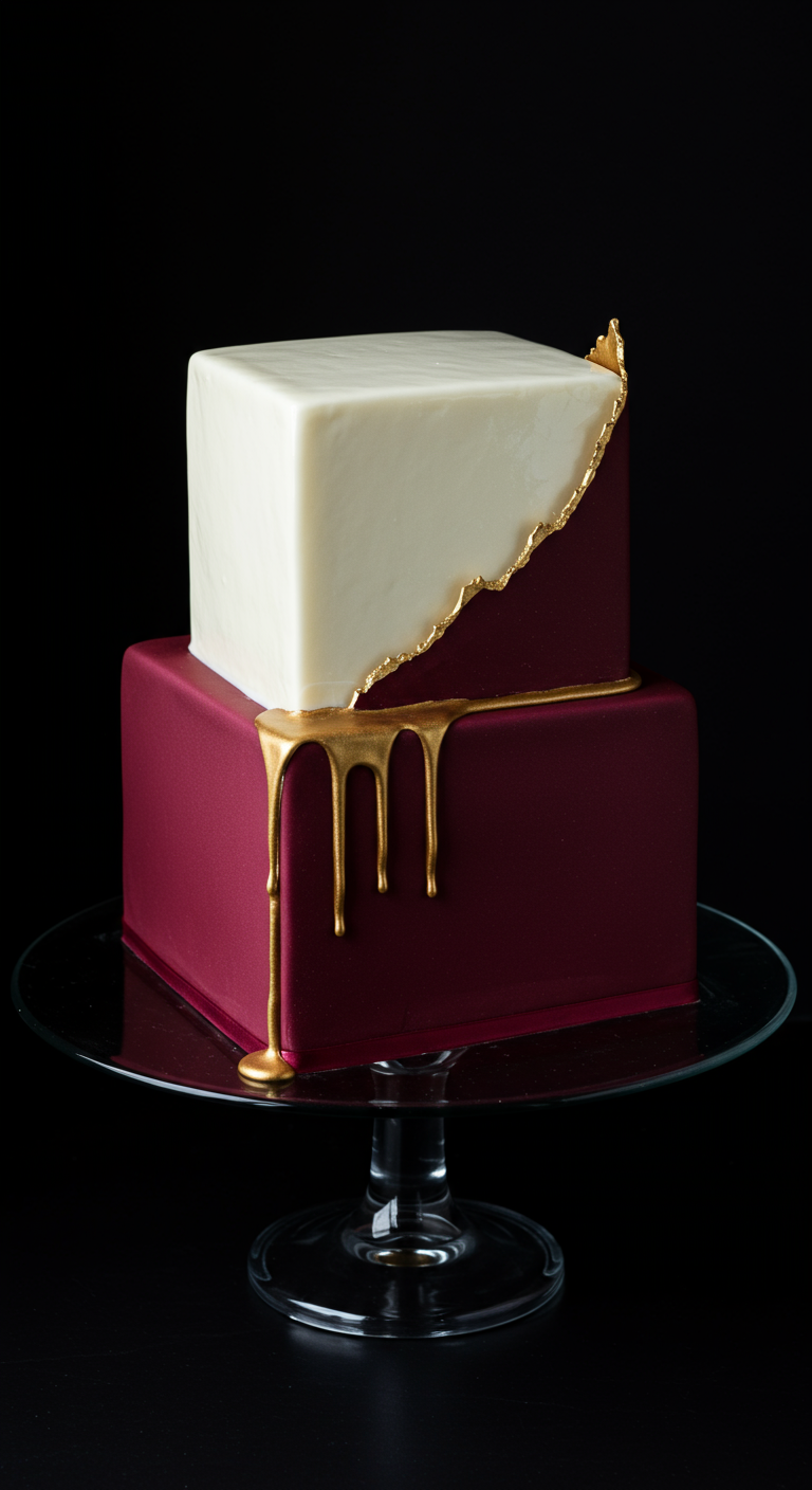 Zweistöckige quadratische Torte, unten bordeauxrot, oben weiß, mit asymmetrischem Gold-Drip.