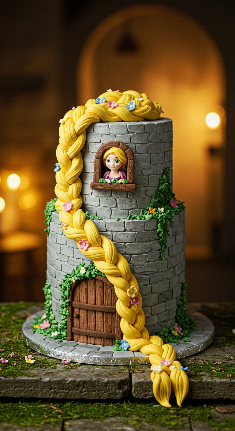 Graue Turmtorte mit langem blondem Zopf und kleinen Blumen
