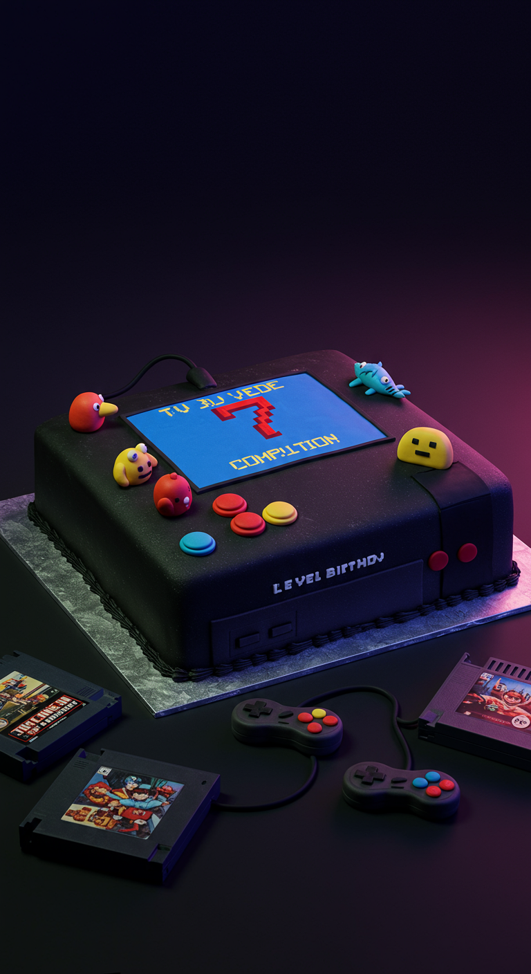 Kuchen in Form einer Retro-Spielkonsole mit bunten Knöpfen und Pixelfiguren.