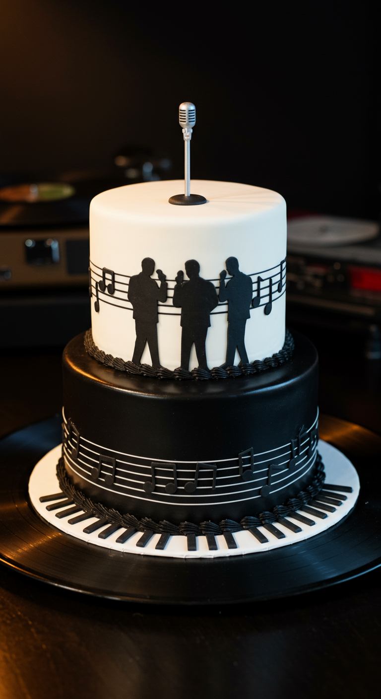 Zweistöckige schwarz-weiße Torte mit Silhouetten von Sängern, Noten und Mikrofon-Topper.